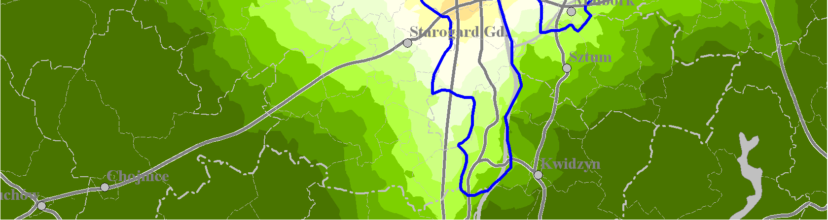 W przypadku dojazdu do starostw powiatowych, dojazd z większości obszaru metropolitalnego jest dobry lub zadowalający. Mapa na ryc.