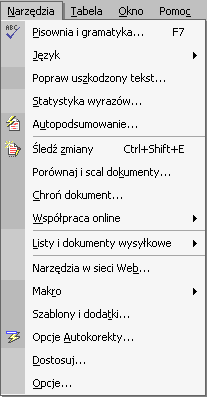 - 1 - NARZĘDZIA Aby uruchomić menu programu należy Wskazać myszką podmenu Narzędzia a następnie nacisnąć lewy przycisk myszki lub Wcisnąć klawisz <F10> (wejście do menu), następnie klawiszami