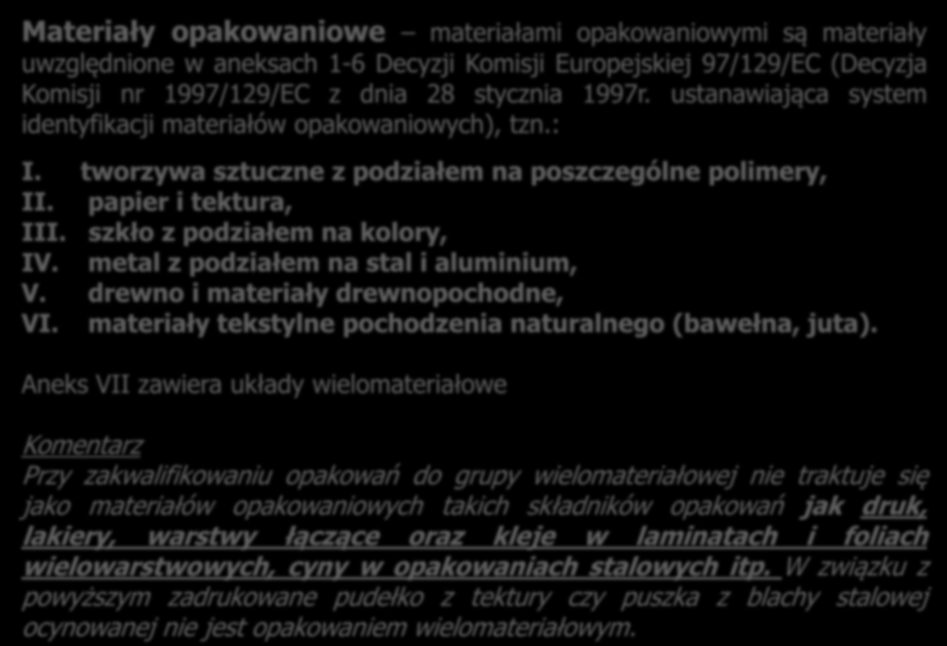 Materiały opakowaniowe materiałami opakowaniowymi są materiały uwzględnione w aneksach 1-6 Decyzji Komisji Europejskiej 97/129/EC (Decyzja Komisji nr 1997/129/EC z dnia 28 stycznia 1997r.