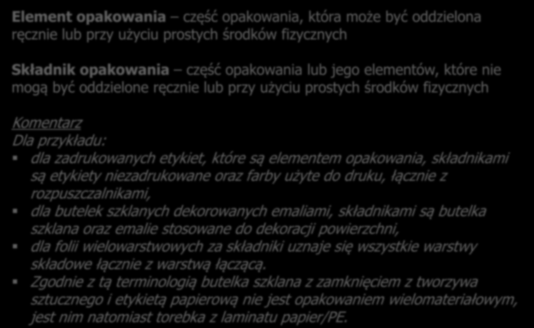 PN-EN 13193:2002 Opakowania Opakowania a środowisko Terminologia Element opakowania część opakowania, która może być oddzielona ręcznie lub przy użyciu prostych środków fizycznych Składnik opakowania