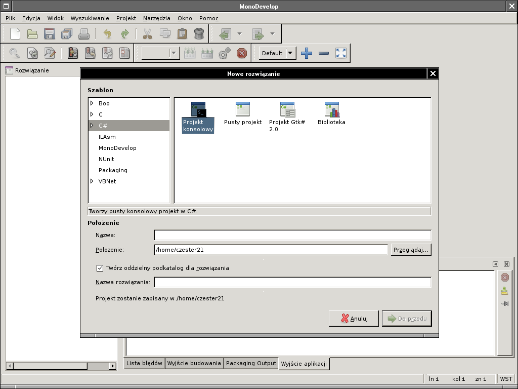 2b. Ustawienia IDE: MonoDevelop 1. Wybieramy opcję Plik->Nowy Projekt, następnie zaznaczamy język C#, wybieramy projekt konsolowy lub Gtk#.