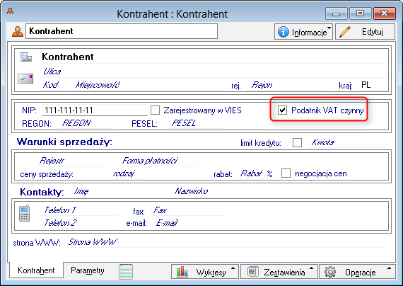 W bazach zaktualizowanych do nowej wersji Sage Symfonia Start Handel, pole Podatnik VAT czynny jest automatycznie włączane dla kontrahentów spełniających poniższe warunki: w polu kraj wybrana wartość