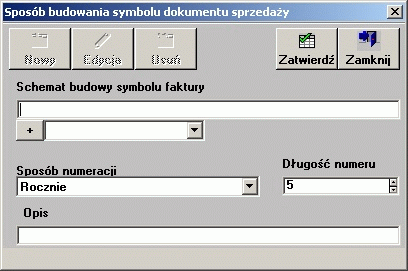 Słowniki Schemat budowy symbolu faktury budujemy wstawiając do pola odpowiednie sekcje, które wybieramy z listy jednowariantowej (patrz rysunek powyżej).