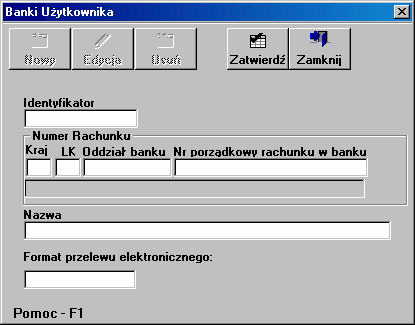 Słowniki Pracy i Instytucje, itp. 5.15 Banki użytkownika Słownik ten umożliwia zdefiniowanie listy rachunków bankowych, które posiada użytkownik systemu.