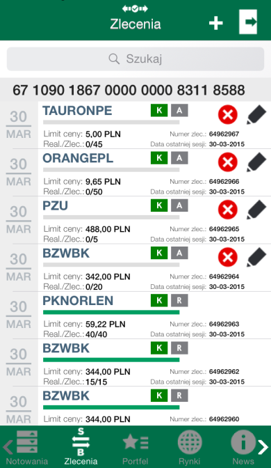 SPRAWDZANIE REALIZACJI ZLECENIA Stuknięcie ikony Zlecenia w menu głównym spowoduje wyświetlenie listy bieżących zleceń.