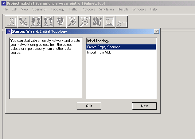 - zdefiniowanie skali i rozmiaru sieci - wybór mapy (tła) do rozlokowania elementów sieci - stowarzyszenie palety obiektów z danym scenariuszem File > New.