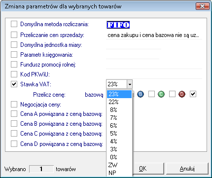 Forte Handel 5 / 18 2. Stawka VAT zostaje zmieniona na 23%. Chcemy aby cena towaru brutto zmieniła się i uwzględniła podwyżkę VAT czyli wyniosła 123 zł.
