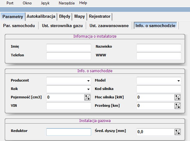 Informacje o samochodzie: Zakładka ta umożliwia instalatorowi zapis najważniejszych danych dotyczących pojazdu i parametrów instalacji. Rysunek 19. Widok zakładki Parametry Informacje o samochodzie 3.