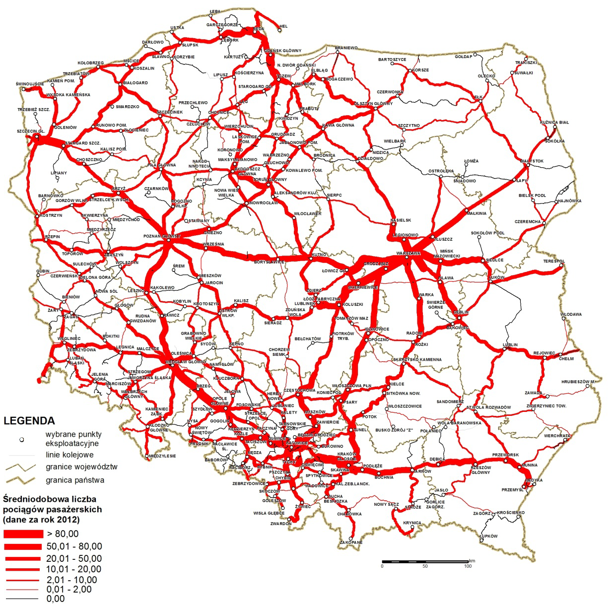 Na rysunku 3 przedstawiono obciążenie poszczególnych linii w ruchu pasażerskim, zaś na rysunku 4 w ruchu towarowym.