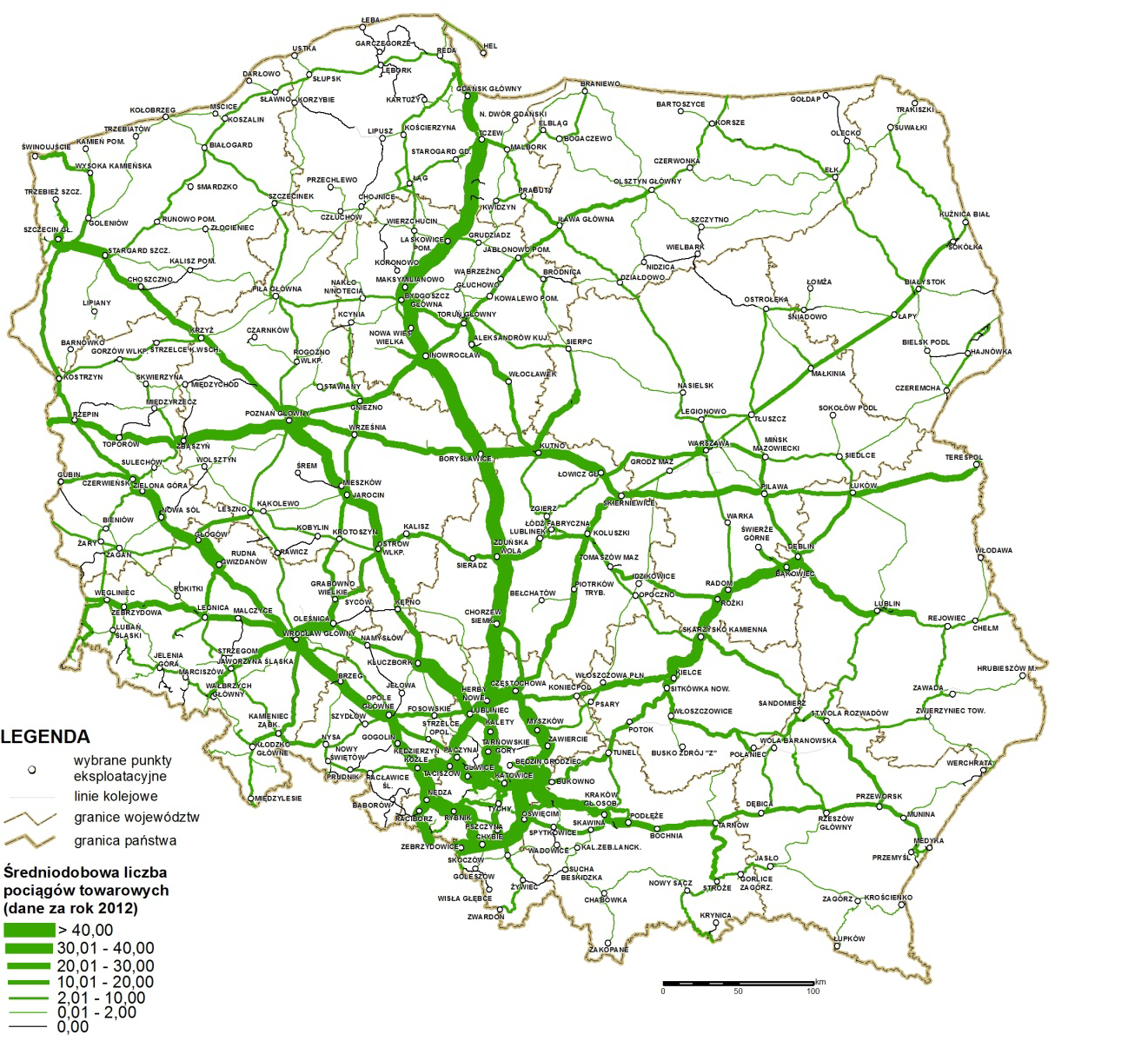 Rysunek 4 Średniodobowa liczba przejazdów pociągów towarowych [szt.] Źródło: dane własne PLK; opracowanie mapy PKP Polskie Linie Kolejowe S.A.