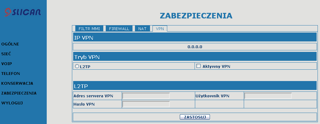 4.3.6.4 Konfiguracja VPN Na tej karcie moŝna skorzystać z trybu bezpiecznego połączenia, za pomocą którego uzyskuje się zdalny dostęp do wewnętrznej sieci firmowej z sieci publicznej.