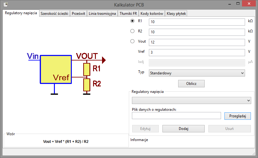 Narzędzia W chwili obecnej dostępne są następujące narzędzia i tabele: Regulatory napięcia - prosty kalkulator do obliczania dzielników sprzężenia zrwotnego regulatorów napięcia.