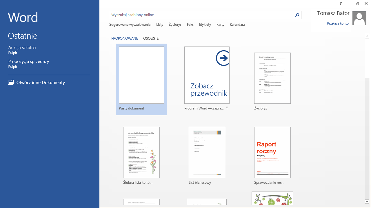 Przewodnik Szybki start Po pierwszym otwarciu programu Word 2013 zauważysz, że dostępnych jest kilka opcji rozpoczęcia pracy użycie szablonu, ostatniego pliku lub pustego dokumentu.