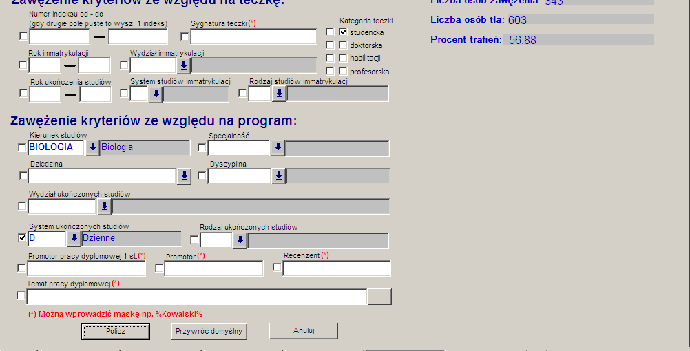 Na tle wybranej grupy ile pozycji spełnia zadane kryteria