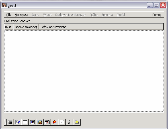Gretl podstawy Bezpośrednio po uruchomieniu programu, pojawia się następujące okno: Póki nie wczytamy jakiejś bazy danych (względnie nie stworzymy własnej), mamy dostęp tylko do dwóch pozycji z Menu: