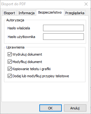 Eksport do PDF umożliwia zabezpieczenie raportu hasłem, oraz określeniem, czy raport można drukować, czy z raportem można kopiować dane.. 4.