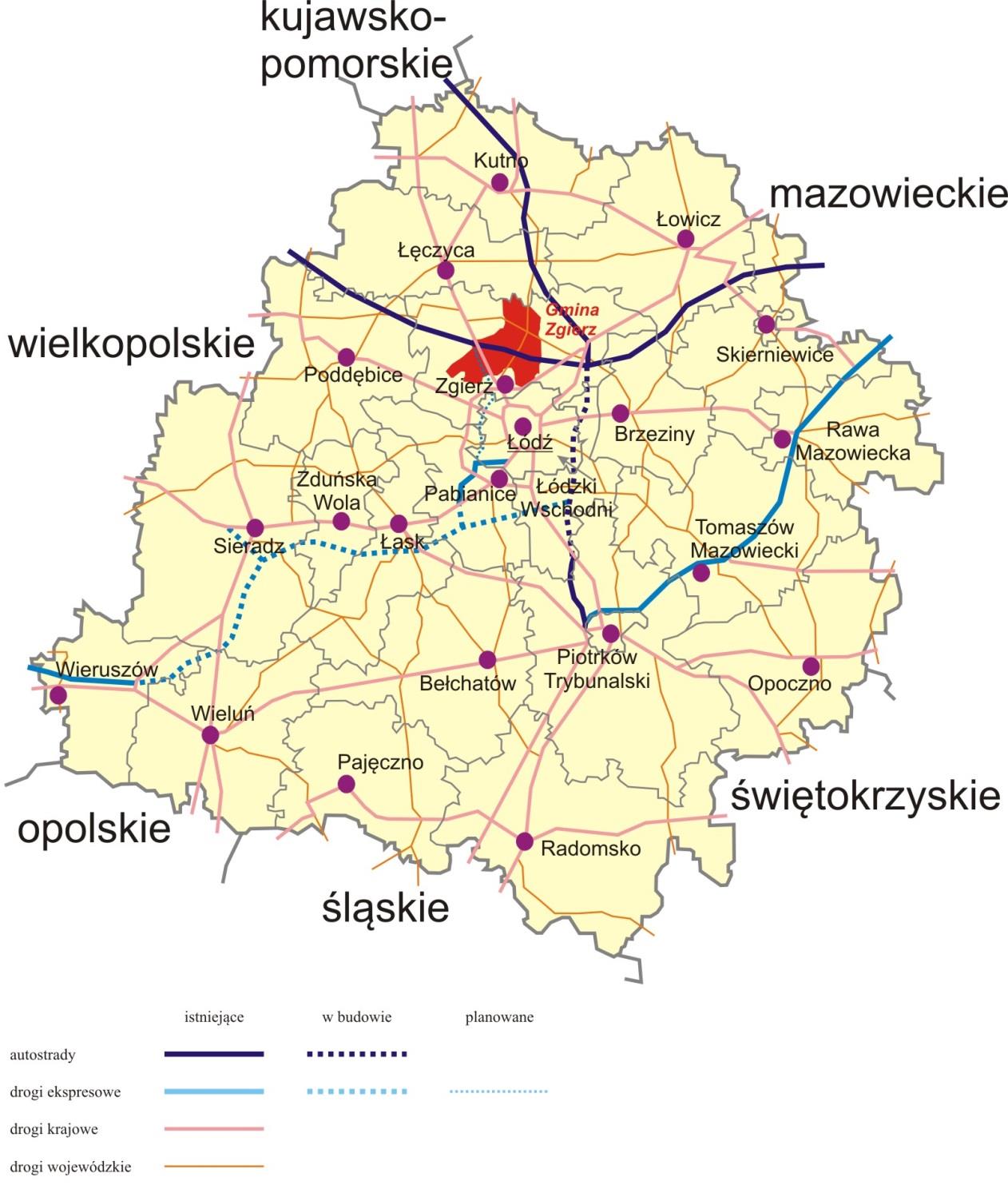 Rozdział: 1. Wstęp Mapa 4. Gmina Zgierz na tle sieci najważniejszych dróg w województwie łódzkim. Dobre skomunikowanie Gminy Zgierz, w tym bliskość międzynarodowego Portu Lotniczego im.