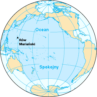 16 Z powyższej tabeli wynika, że niemal połowę powierzchni Wszechoceanu tworzy Ocean Pacyficzny zwany w skrócie Pacyfikiem a niekiedy Oceanem Spokojnym. Rys. 1.1. Ocean Pacyficzny (Spokojny) i Głębia Challenger (Rów Mariańsk) o głębokości 10.