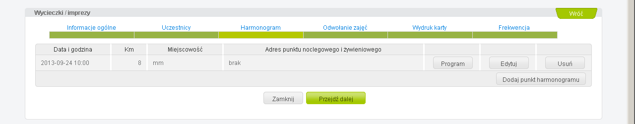 cały dzień, tylko np. po 4 lekcji to zaznaczamy te lekcje, na których klasy nie będzie.