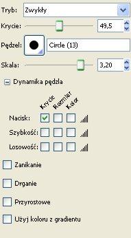 Większość narzędzi do rysowania dysponuje takimi samymi możliwościami konfiguracji, dostępnymi w przyborniku: Możemy tutaj ustawić tryb pokrywania, jego intensywność, rodzaj pędzla, jego