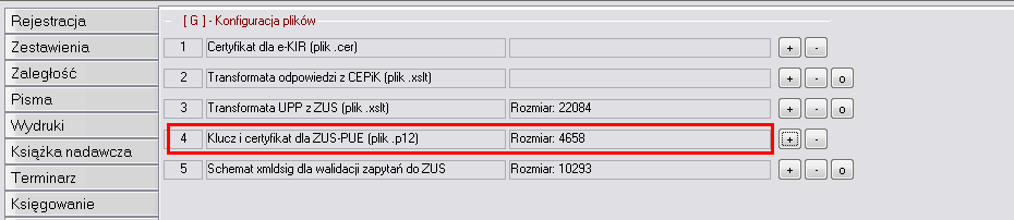 Rysunek 3 Okno konfiguracji plików W celu dodania klucza do bazy należy nacisnąć przycisk z symbolem + umieszczonego po prawej stronie pozycji z opisem Klucz i certyfikat dla ZUS-PUE Rysunek 4 Okno