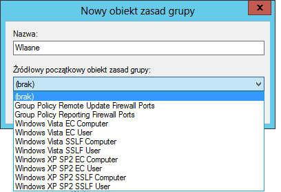 Pojawi się nowe okno, w którym należy wpisać nazwę nowego obiektu zasad grupy (dowolna). Opcjonalnie można skorzystać z szablonu ustawień początkowych (aczkolwiek nie trzeba).