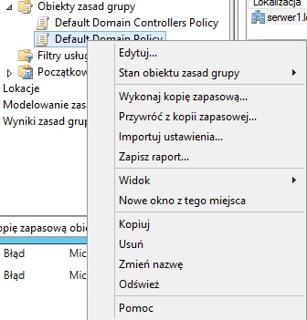 Klikając prawym przyciskiem myszy na odniesienie (skrót) do zasad grupy zabezpieczeń oraz na źródłowy obiekt tychże zasad zobaczymy dwa różne menu kontekstowe; Po lewej menu dla odnośnika (skrót), po