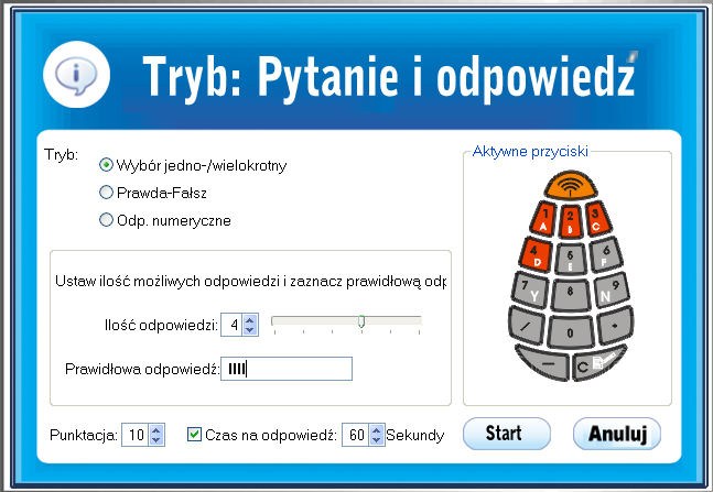 W trybie Pytanie i odpowiedź mamy możliwość dodania nowego pytania testowego w trybie wyboru jedno lub wielokrotnego, prawda fałsz oraz odpowiedzi numerycznych bez sugerowania możliwych opcji wyboru.