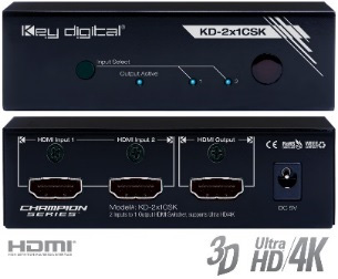 Przełączniki (switche) HDMI KD-2x1CSK 4K 2 wejścia HDMI 1 wyjście HDMI; Sterowanie: panel przedni - diody LED i przycisk, pilot.