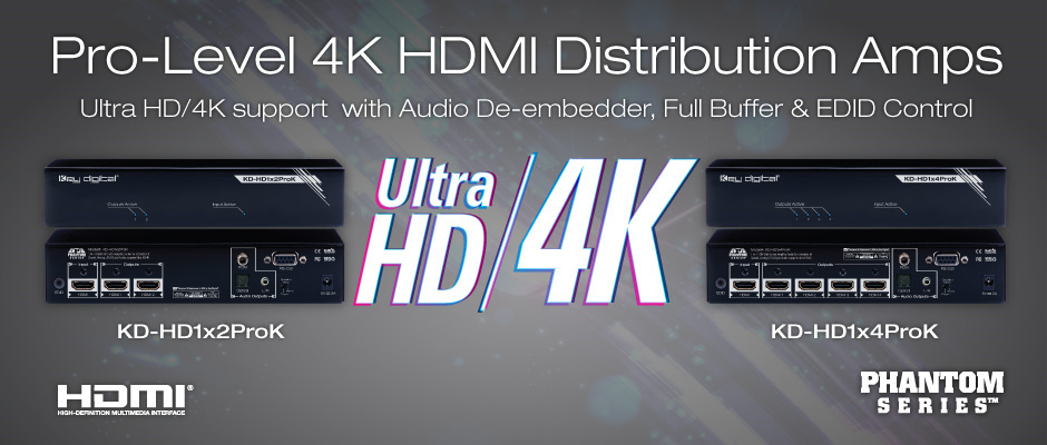 KD-HD1x2ProK 4K 1 wejście HDMI 2 wyjścia HDMI Obsługa rozdzielczości: SD, HD i VESA do UHD/4K (4096x2160/60/30/24 lub 3840x2160/60/30/24) 12-bit Color, obsługa 3D Możliwość przekazu sygnał audio z