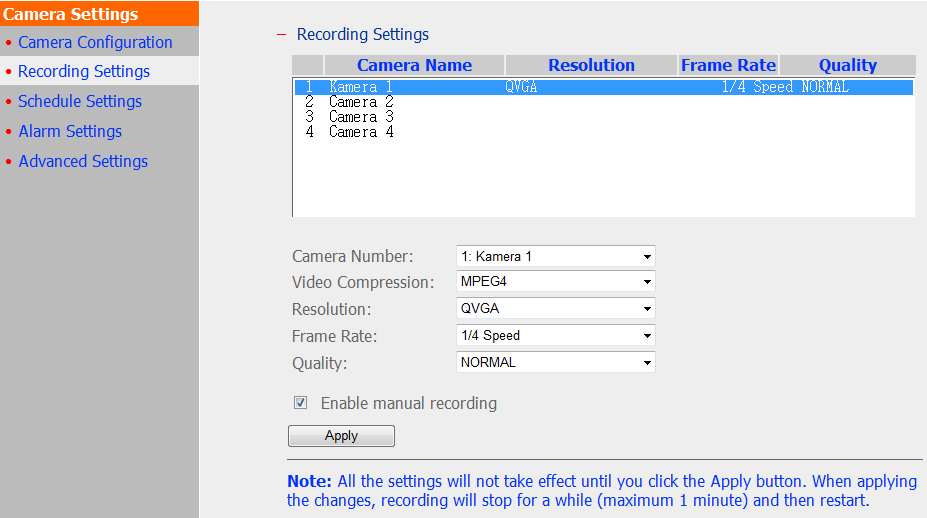 a) Zakładka Recording Settings (dla QNAP NVR-104V dostępne 4 kamery) umożliwia konfigurację ustawień charakterystycznych dla danej kamery takich jak: rozdzielczość, ilość klatek na sekundę oraz