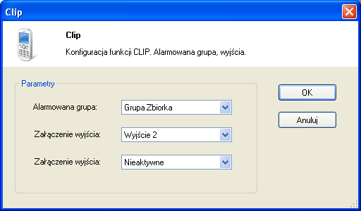 Zdarzenia / CLIP sterujący. Umożliwia konfigurację funkcji CLIP-a sterującego. Funkcje dostępne dla sterowania CLIP-em to: załączanie alarmowania wybranej grupy, załączanie do 2 wyjśd sterownika.