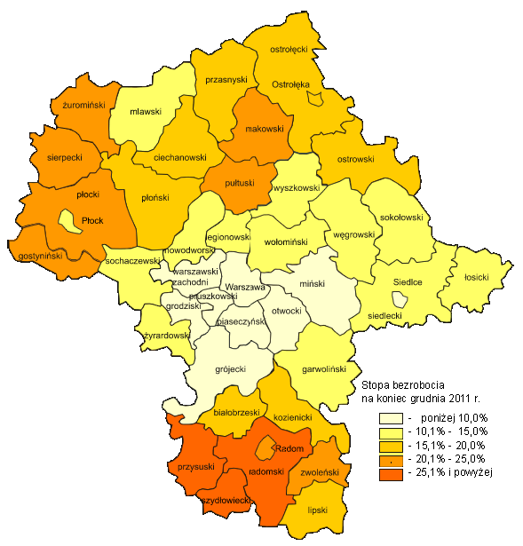 Rysunek 1. Stopa bezrobocia w powiatach województwa mazowieckiego (stan w grudniu 2011 r.) 2. ZMIANY POZIOMU BEZROBOCIA W okresie od stycznia do grudnia 2011 r.