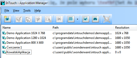 ZTMAiPC Laboratorium Systemów SCADA 5. Wprowadzić nazwę i opis aplikacji: 6. Kliknąć Zakończ. Wyświetli się okno Application Manager: 7.