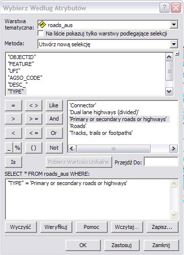 Rys. 1. Selekcja dróg (roads) wg atrybuttu Rodzaj (Type) i wartosci Primary or secondary roads or highways 10.