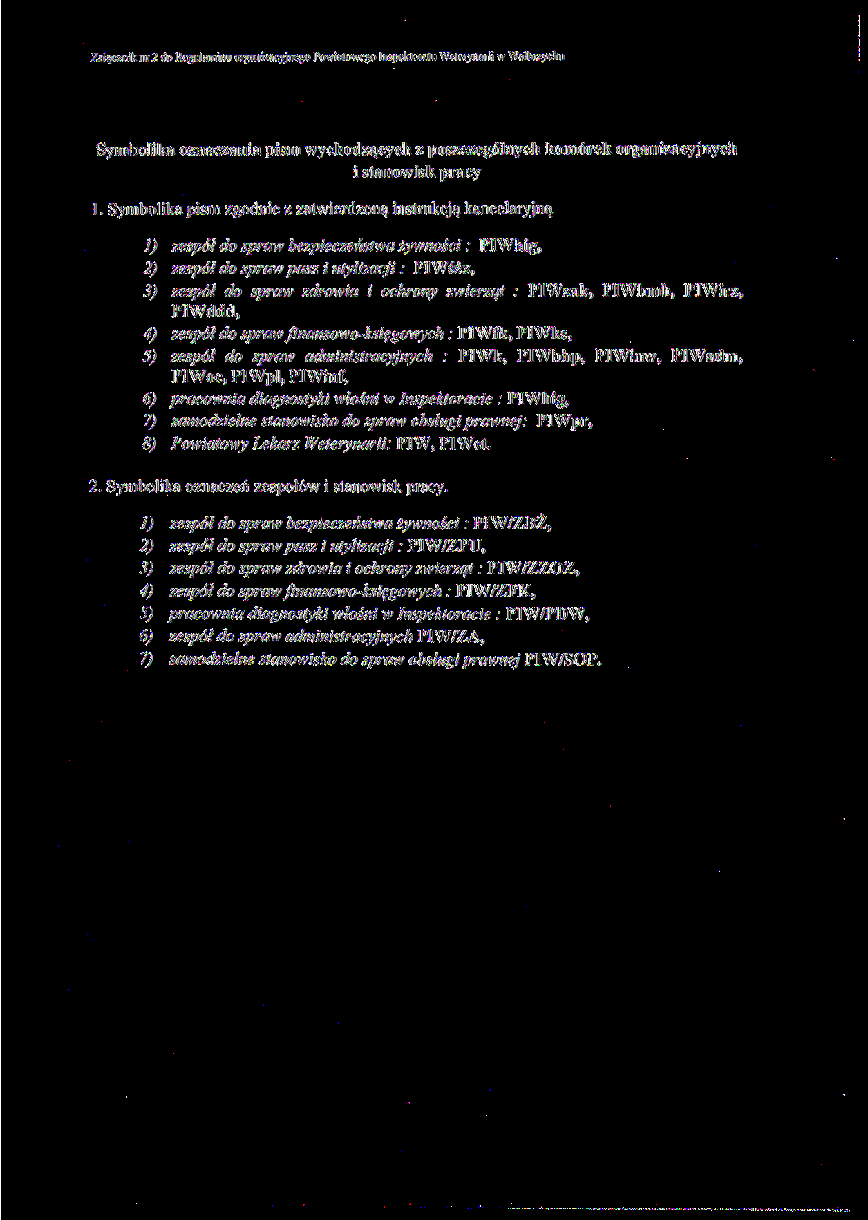 Załącznik nr 2 do Regulaminu organizacyjnego Powiatowego Inspektoratu Weterynarii w Wałbrzychu Symbolika oznaczania pism wychodzących z poszczególnych komórek organizacyjnych i stanowisk pracy 1.