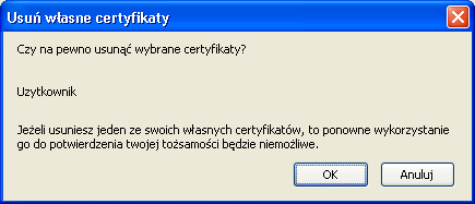 Rysunek 32: Usuwanie certyfikatów w oknie menedżera certyfikatów Zaznaczamy ten certyfikat, który chcemy usunąć (możemy wyświetlić certyfikat, aby upewnić się czy usuwamy ten certyfikat, który