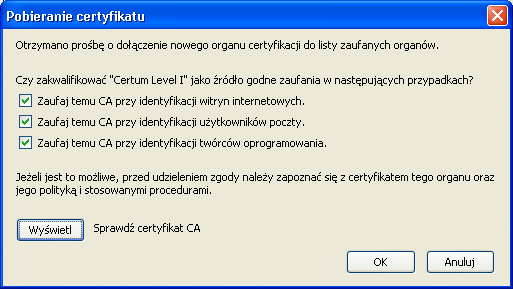 Teraz wybieramy certyfikat, który zapisaliśmy wcześniej na dysku twardym naszego komputera: W kolejnym oknie zaznaczamy wszystkie opcje: Rysunek 4: Okno wyboru pliku z certyfikatem urzędu Rysunek 5: