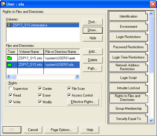 Przeglądanie i zmienianie praw do systemu plików Uprawnienia użytkowników do systemu plików Aby obejrzeć użytkowników mających prawa dostępu do systemu plików, korzysta się z programu NetWare