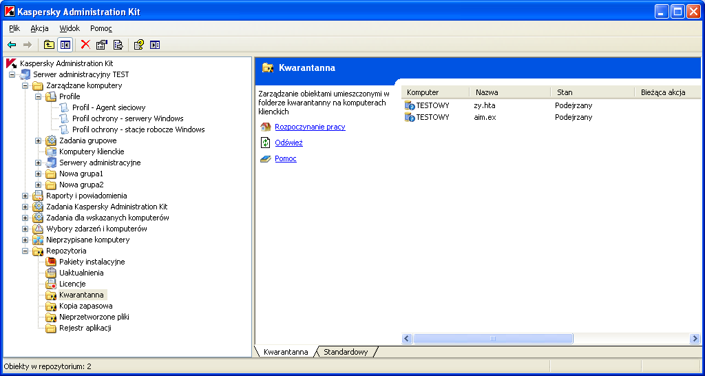 Kaspersky Administration Kit nie kopiuje obiektów na serwer administracyjny. Wszystkie obiekty są przechowywane na komputerach klienckich lokalnie.