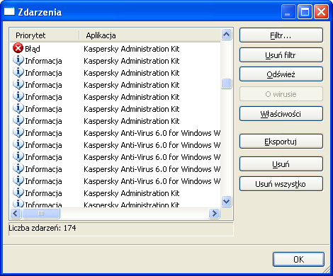 Lista zdarzeń zarejestrowanych podczas pracy aplikacji na każdym komputerze klienckim może być przeglądana w oknie Zdarzenia (zobacz poniższy rysunek).