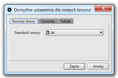 Rysunek 8. Domyślne ustawienia dla nowych broszur Zdefiniowane tu ustawienia mogą być zmienione i dostosowane do nowych wymagań, podczas edycji wybranej broszury w Edytorze broszur (zob. rozdział 3.1.