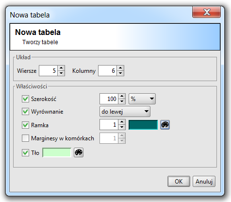 3.4.3 Tabela Aby w edytowanej broszurze, utworzyć nowa tabelę (niepowiązaną z raportami analitycznymi) należy wykorzystać funkcję Wstaw tabelę wybierając: Menu Wstaw ikonę: bądź prawy przycisk myszki