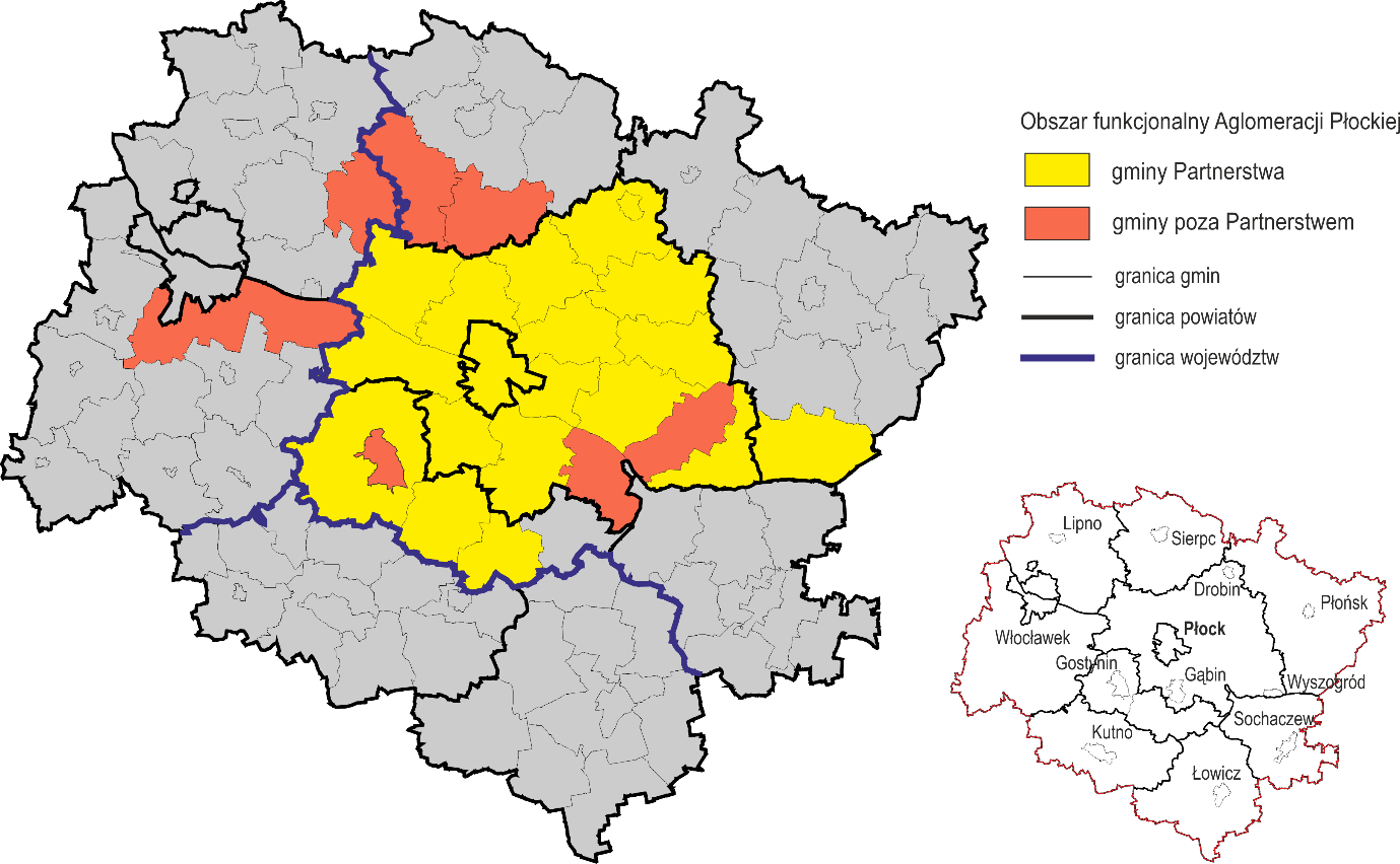 Rysunek 1. Zakres przestrzenny Strategii Zrównoważonego Transportu Aglomeracji Płockiej w odniesieniu do granic Partnerstwa.