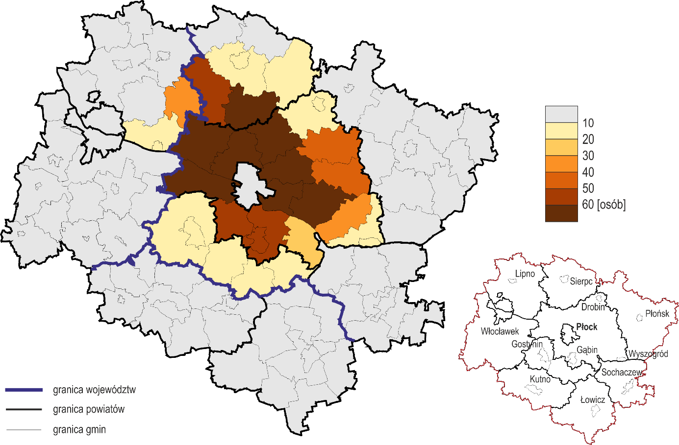 Rysunek 15. Liczba dojeżdżających do pracy do Płocka na 1 tys. mieszkańców w wieku 15-64 lata w powiatach sąsiadujących z powiatem płockim i gostynińskim w 2011 r.