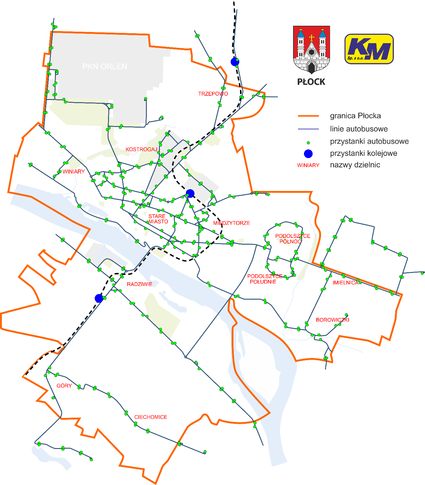 Rysunek 23. Miejskie linie autobusowe i przystanki obsługiwane przez Komunikację Miejską Płock w 2012 r. Źródło: Plan Komunikacyjny Miasta Płock dostępny na www.kmplock.eu.