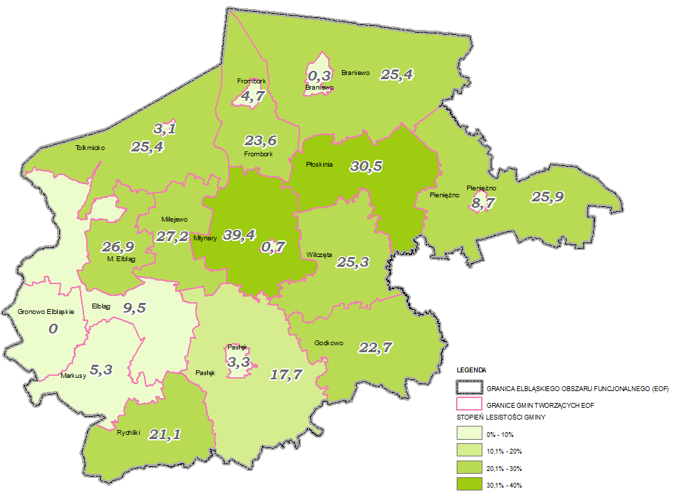 Lesistość w poszczególnych gminach wchodzących w skład EOFu przedstawia poniższy schemat.