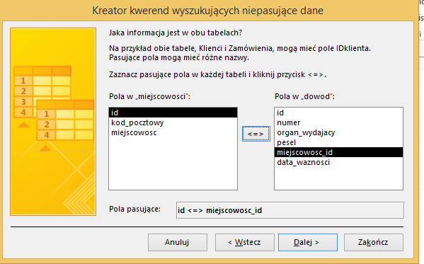 - przykładowy wynik działania utworzonej kwerendy (wyszukiwanie duplikatów zrealizowane po miejscowościach): 4) kreator kwerend wyszukujących niepasujące dane - w pierwszej kolejności wskazujemy