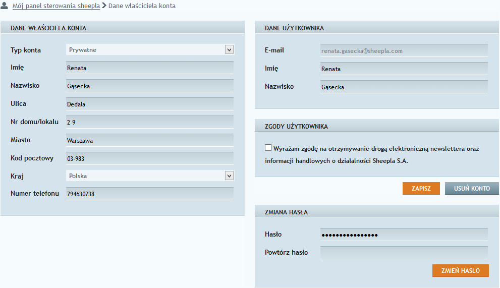 4. Edycja konta Sheepla 4.1 Dane konta Zakładka Dane konta daje użytkownikowi możliwość edycji danych przypisanych do konta Sheepla.