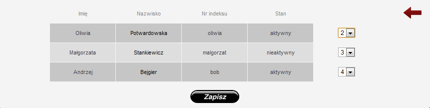 Oceny Wystawianie ocen wymaga wybrania przedmiotu z jakiego chcemy wpisać oceny. Następnie prowadzący wybiera jakiemu studentowi chce przypisać ocenę, przy czym liczba 0 oznacza brak oceny.